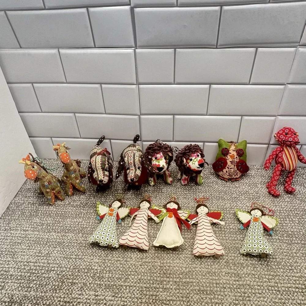 VTG Fabric Ornaments Hand Sewn Dogs Giraffes‎ Monkey Lions Angels Soft Material